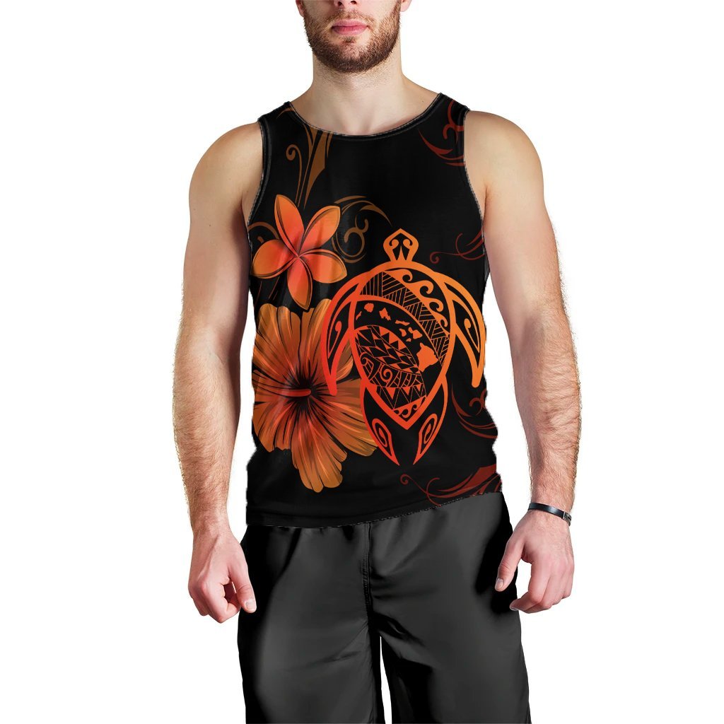 Hawaiian Map Turtle Hibiscus Plumeria Polynesian Tank Top - Orange - AH Black - Polynesian Pride
