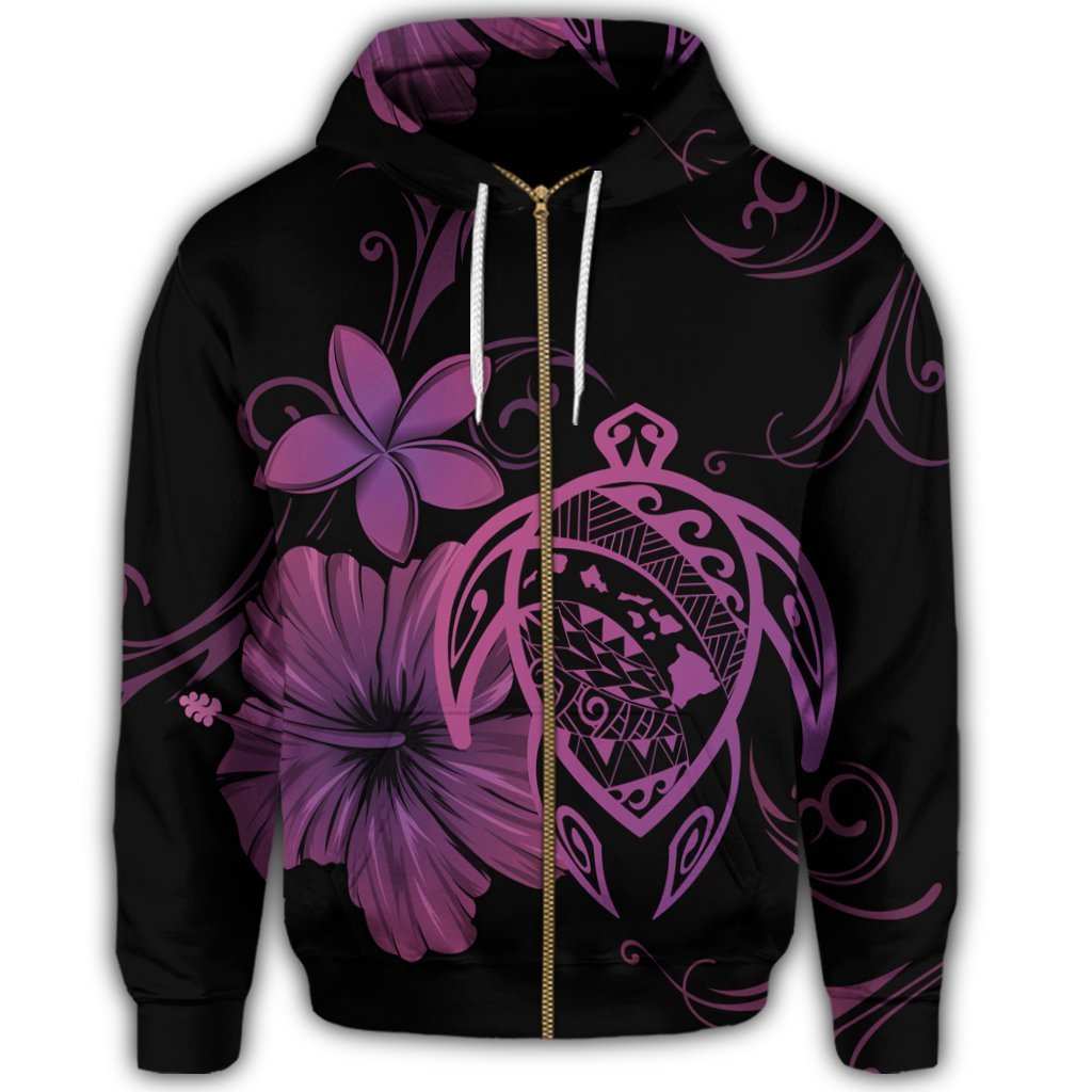 Hawaiian Map Turtle Hibiscus Plumeria Polynesian Zip Hoodie Pink - Polynesian Pride