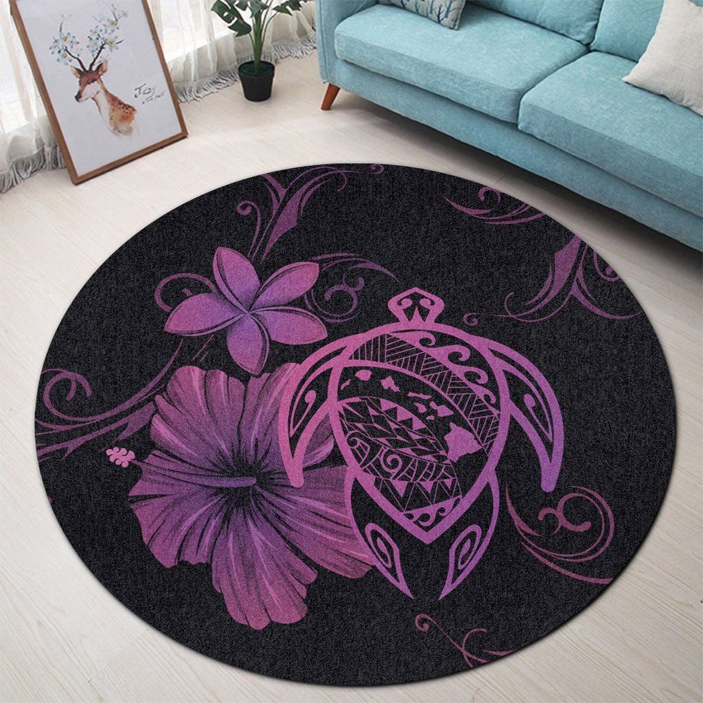 Hawaiian Map Turtle Hibiscus Plumeria Polynesian Round Carpet - Pink - AH - Polynesian Pride