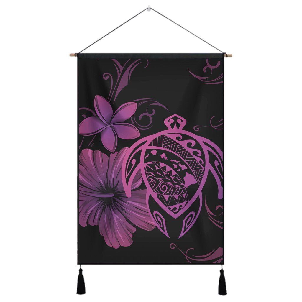 Hawaiian Map Turtle Hibiscus Plumeria Polynesian Hanging Poster - Pink - AH Hanging Poster Cotton And Linen - Polynesian Pride