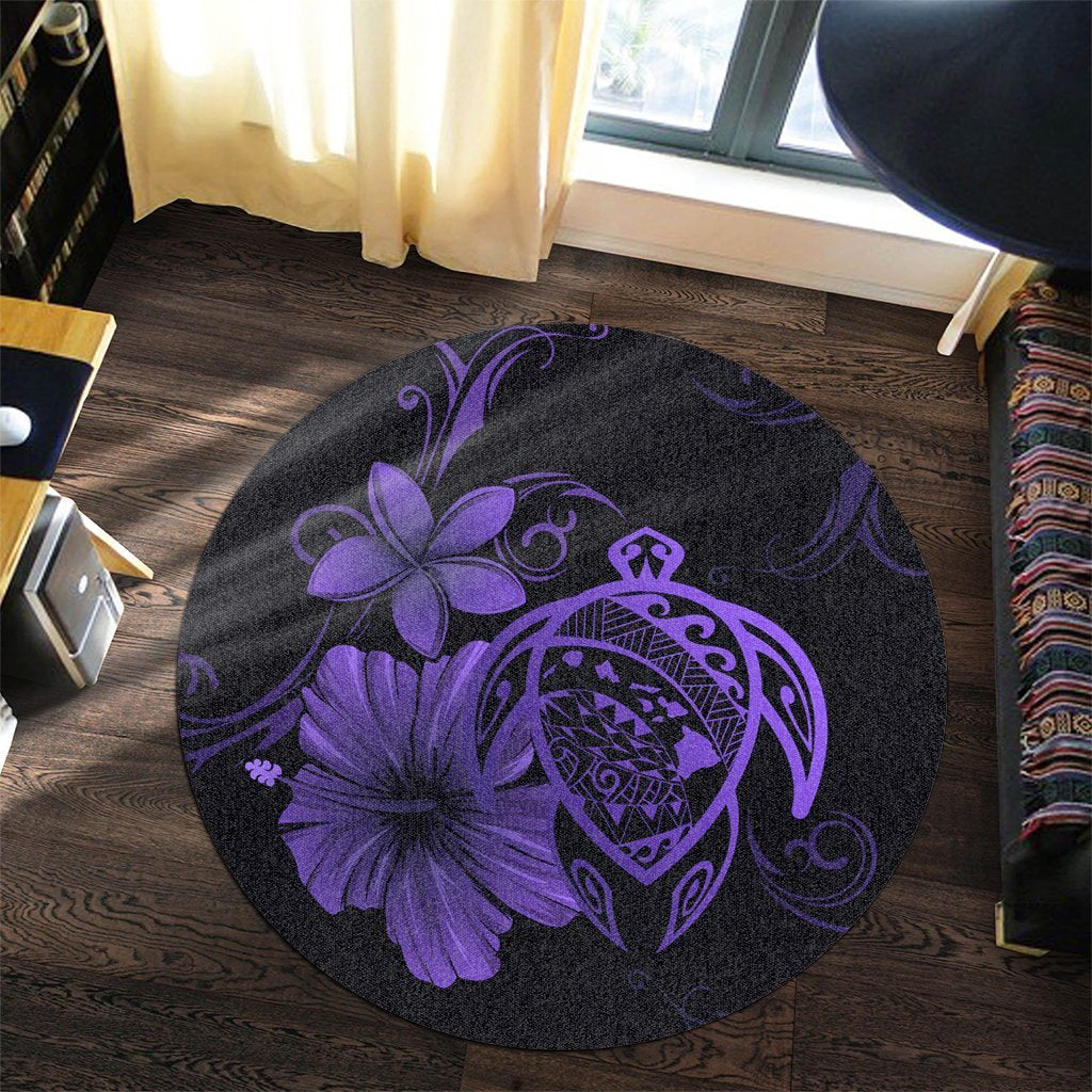 Hawaiian Map Turtle Hibiscus Plumeria Polynesian Round Carpet - Purple - AH - Polynesian Pride