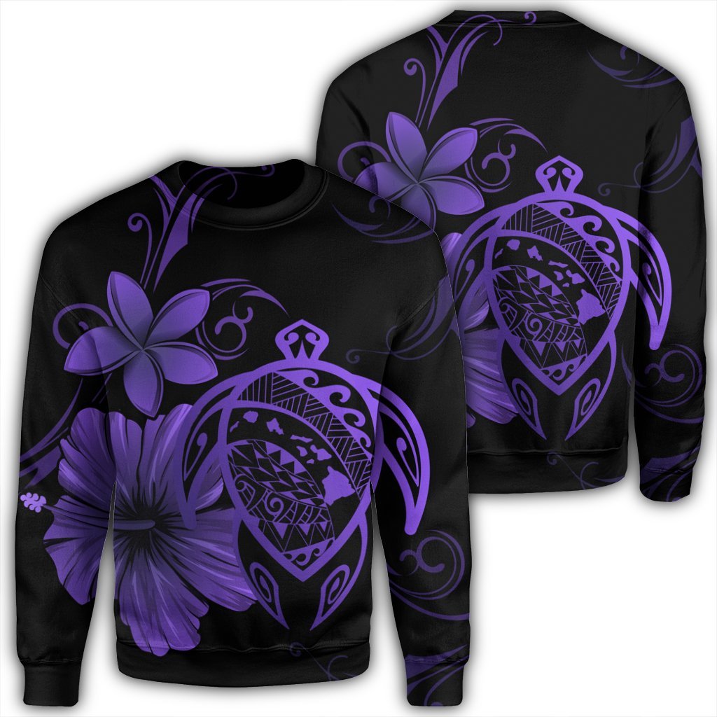 Hawaiian Map Turtle Hibiscus Plumeria Polynesian Sweatshirt - Purple - AH Unisex Black - Polynesian Pride