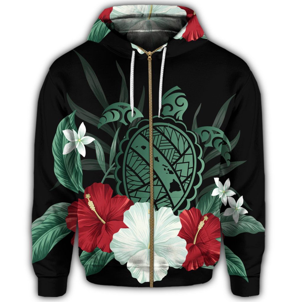 Hawaiian Map Turtle Hibiscus Polynesian Zip Hoodie - Polynesian Pride