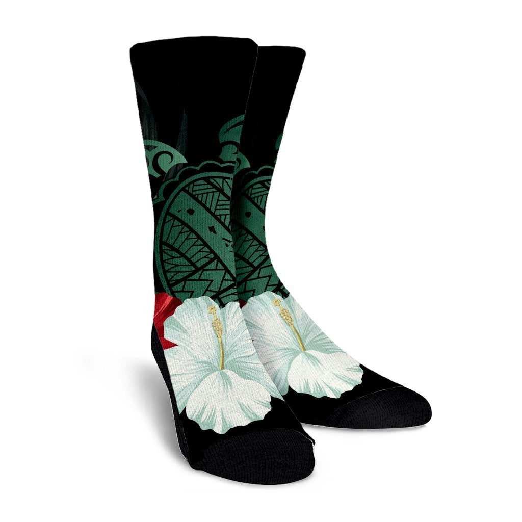 Hawaiian Map Turtle Hibiscus Polynesian Crew Socks - AH - Polynesian Pride