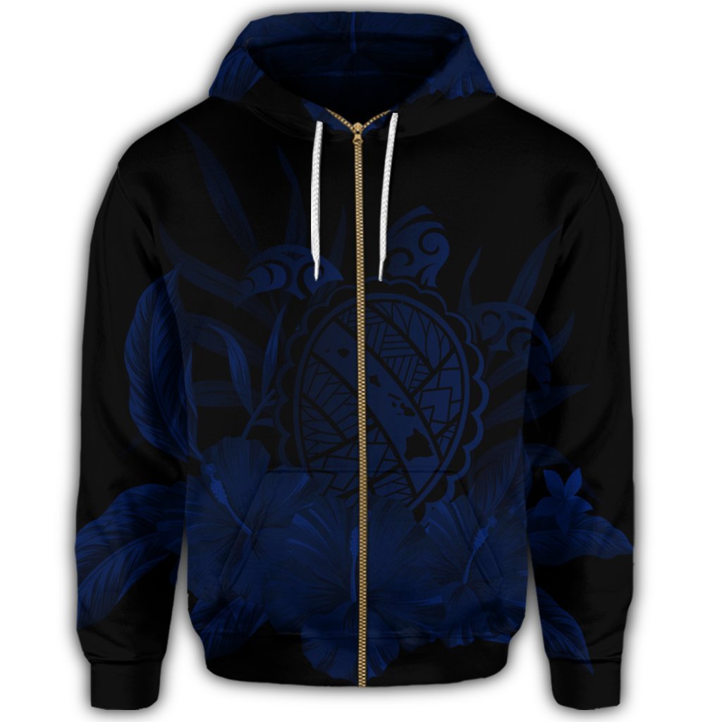 Hawaiian Map Turtle Hibiscus Polynesian Zip Hoodie Blue - Polynesian Pride