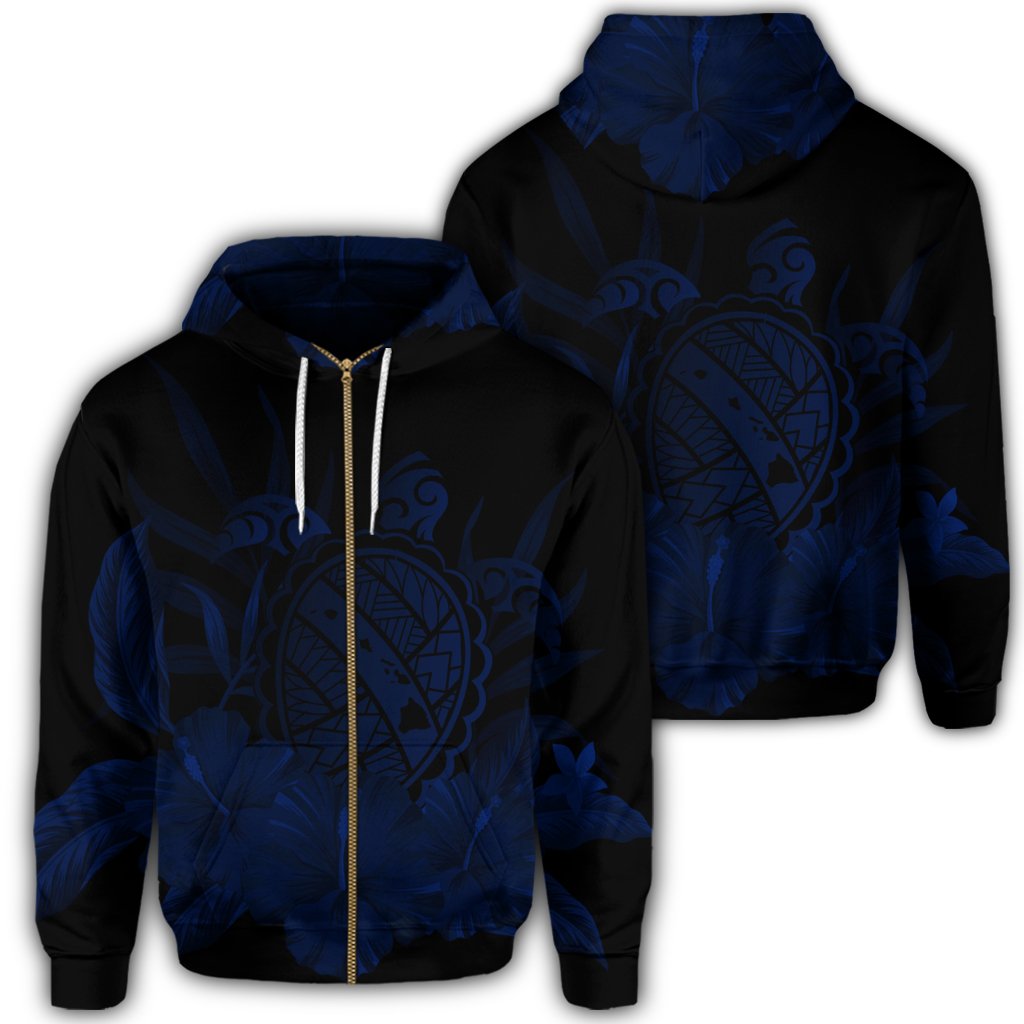 Hawaiian Map Turtle Hibiscus Polynesian Zip Hoodie Blue Unisex Art - Polynesian Pride