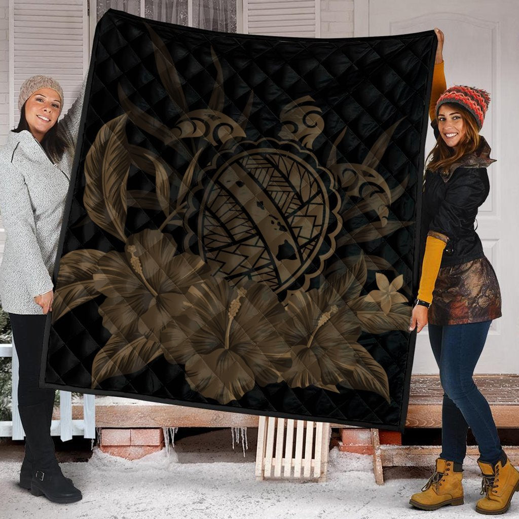 Hawaiian Map Turtle Hibiscus Polynesian Premium Quilts - Gold - AH - Polynesian Pride