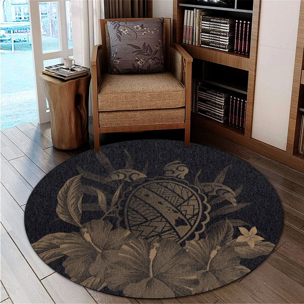 Hawaiian Map Turtle Hibiscus Polynesian Round Carpet - Gold - AH - Polynesian Pride