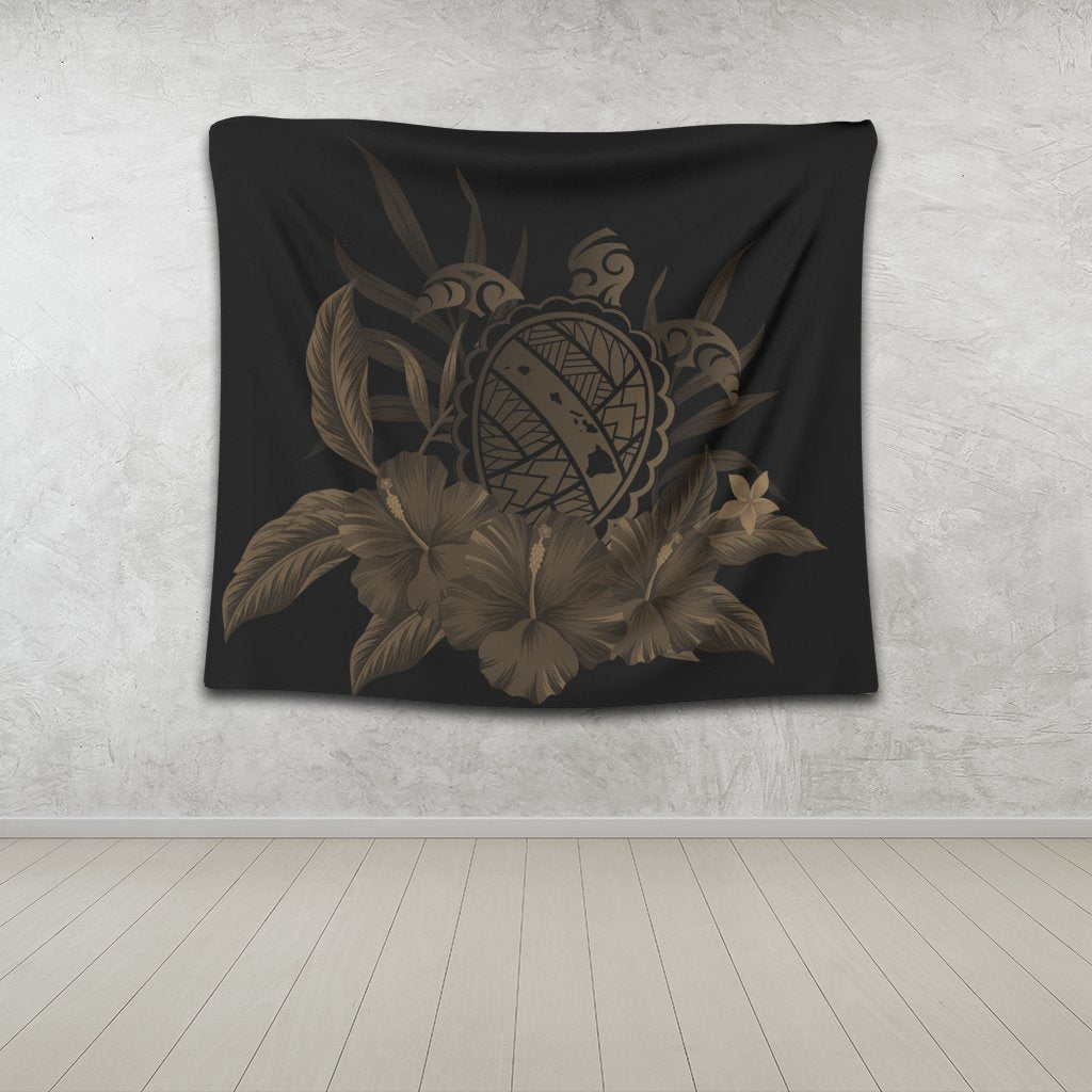 Hawaiian Map Turtle Hibiscus Polynesian Tapestry - Gold - AH - Polynesian Pride