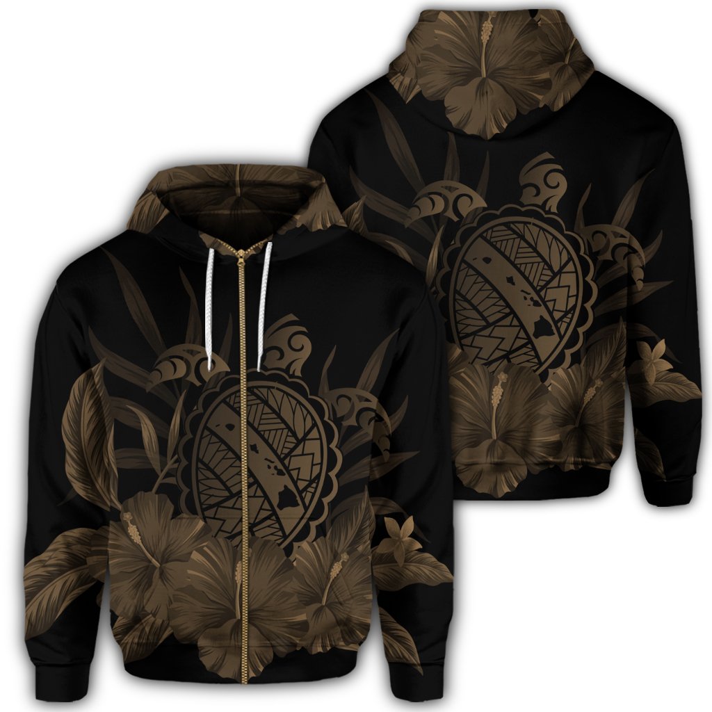 Hawaiian Map Turtle Hibiscus Polynesian Zip Hoodie Gold Unisex Art - Polynesian Pride