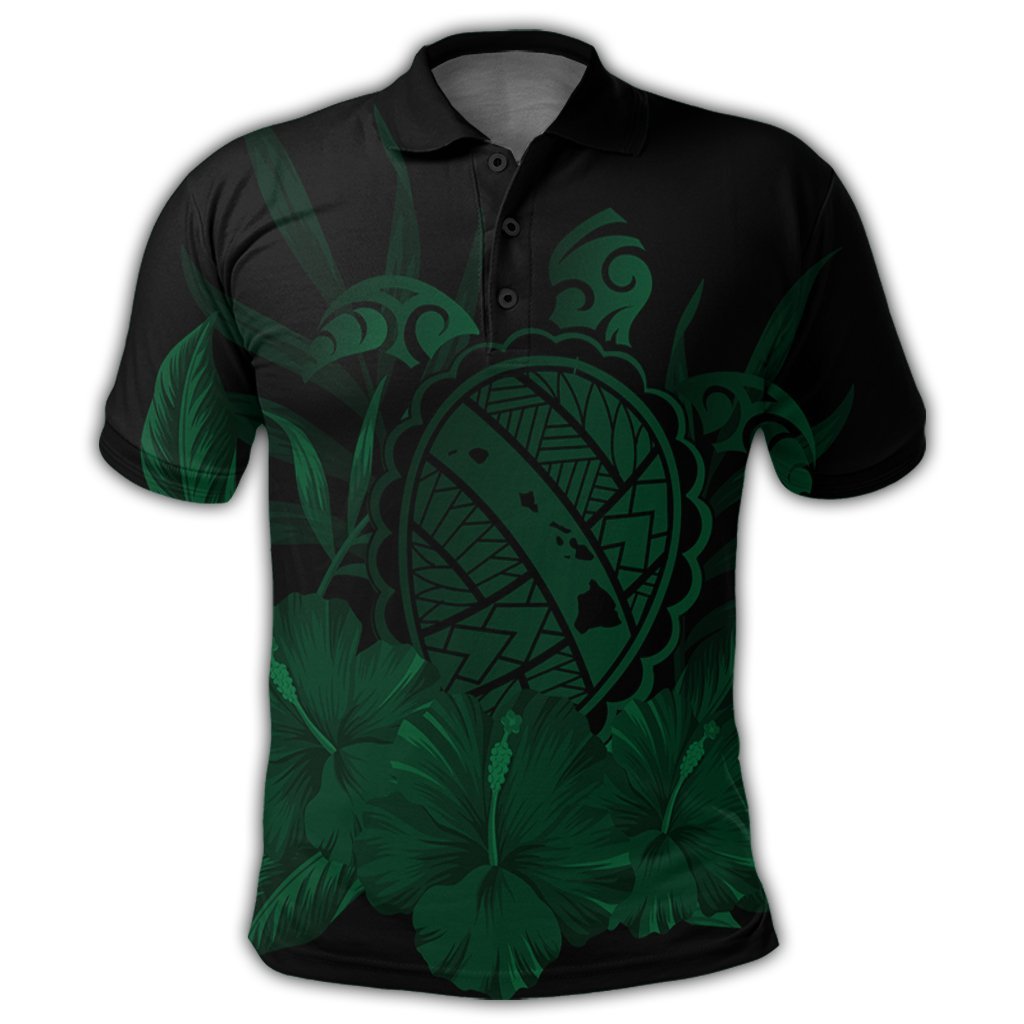 Hawaiian Map Turtle Hibiscus Polynesian Polo Shirt Green - Polynesian Pride