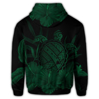 Hawaiian Map Turtle Hibiscus Polynesian Zip Hoodie Green - Polynesian Pride