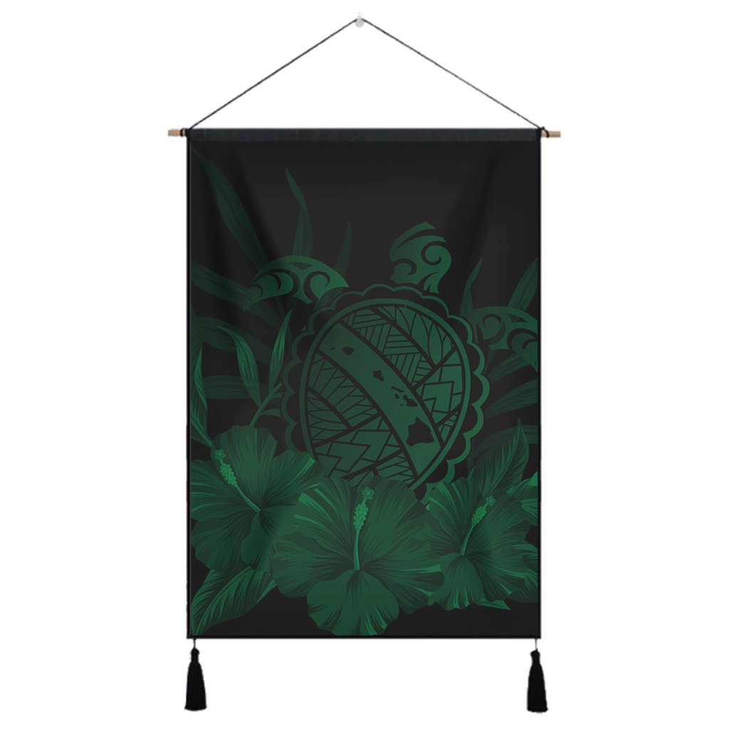 Hawaiian Map Turtle Hibiscus Polynesian Hanging Poster - Green - AH Hanging Poster Cotton And Linen - Polynesian Pride