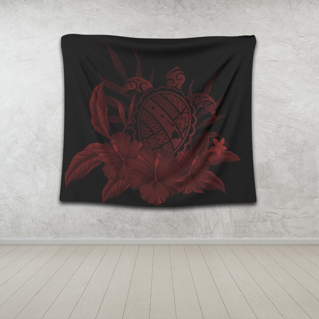 Hawaiian Map Turtle Hibiscus Polynesian Tapestry - Red - AH - Polynesian Pride