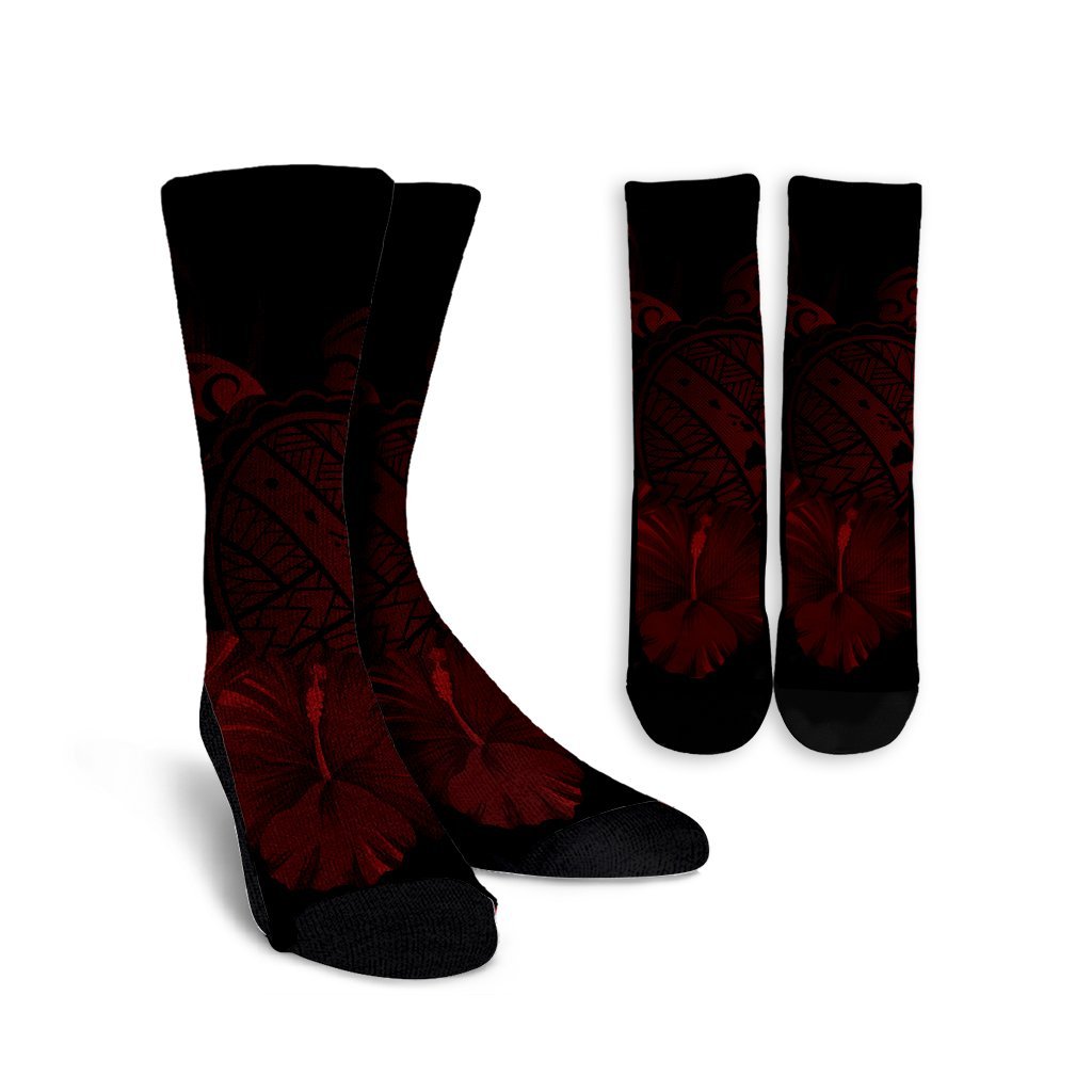 Hawaiian Map Turtle Hibiscus Polynesian Crew Socks - Red - AH Crew Socks White - Polynesian Pride