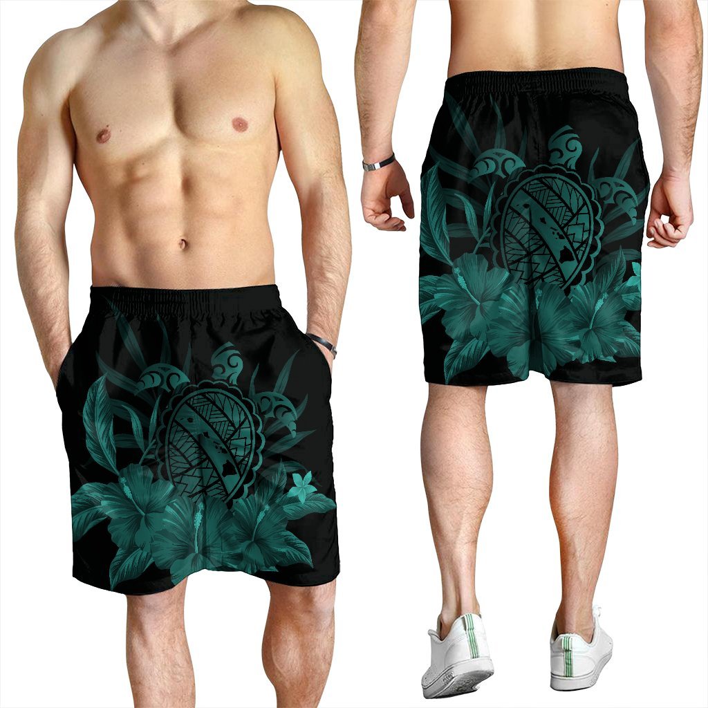 Hawaiian Map Turtle Hibiscus Polynesian Men's Shorts - Turquoise - AH - Polynesian Pride