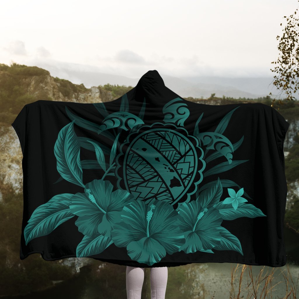 Hawaiian Map Turtle Hibiscus Polynesian Hooded Blanket - Turquoise - AH - Polynesian Pride
