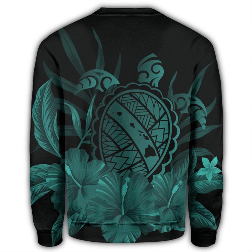 Hawaiian Map Turtle Hibiscus Polynesian Sweatshirt - Turquoise - AH - Polynesian Pride