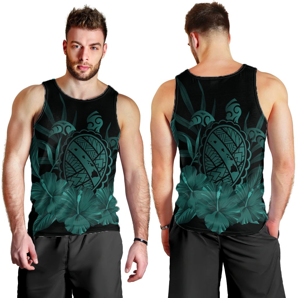 Hawaiian Map Turtle Hibiscus Polynesian Tank Top - Turquoise - AH - Polynesian Pride
