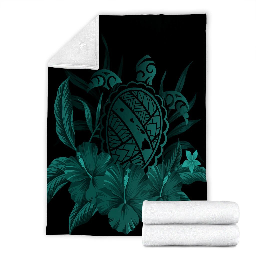 Hawaiian Map Turtle Hibiscus Polynesian Premium Blankets - Turquoise - AH - Polynesian Pride