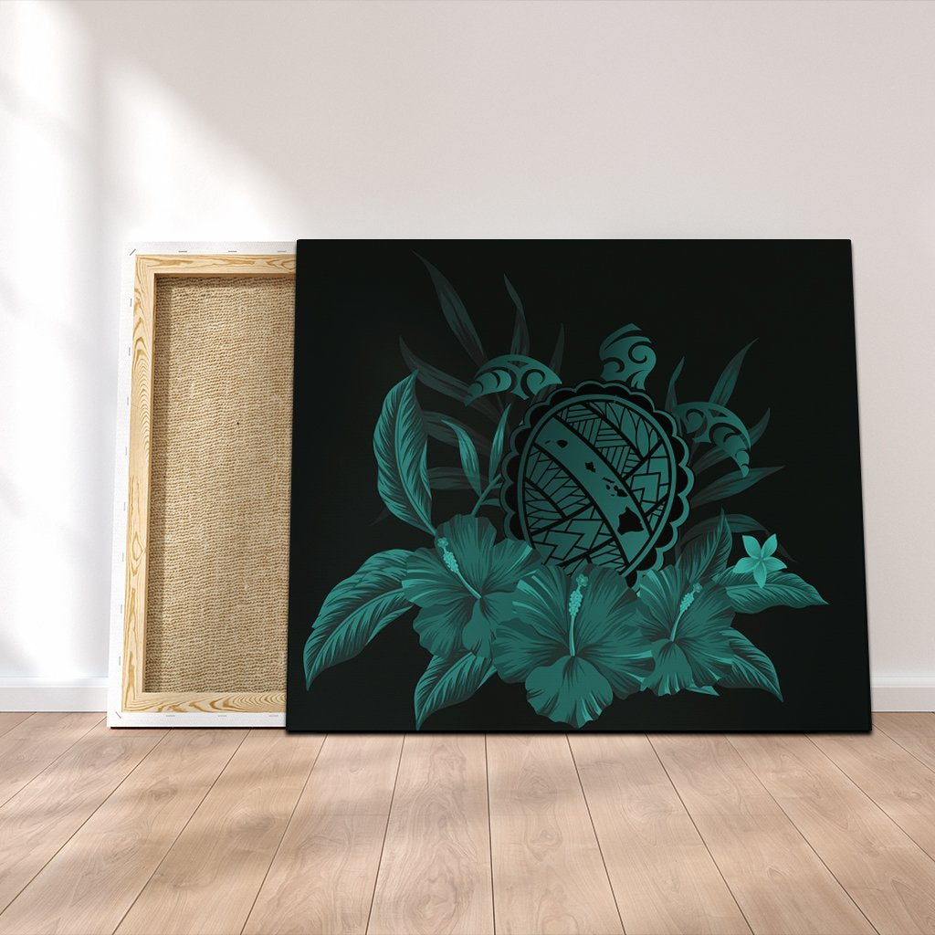 Hawaiian Map Turtle Hibiscus Polynesian Canvas - Turquoise - AH Canvas Poly-cotton - Polynesian Pride