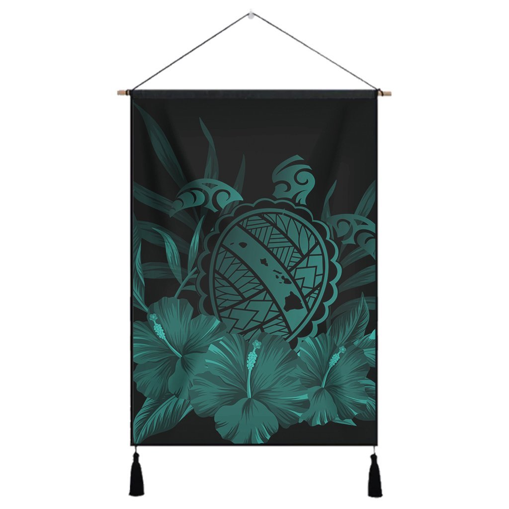 Hawaiian Map Turtle Hibiscus Polynesian Hanging Poster - Turquoise - AH Hanging Poster Cotton And Linen - Polynesian Pride