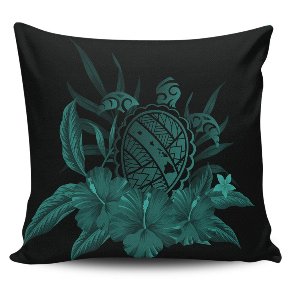 Hawaiian Map Turtle Hibiscus Polynesian Pillow Covers - Turquoise - AH Pillow Covers Black - Polynesian Pride