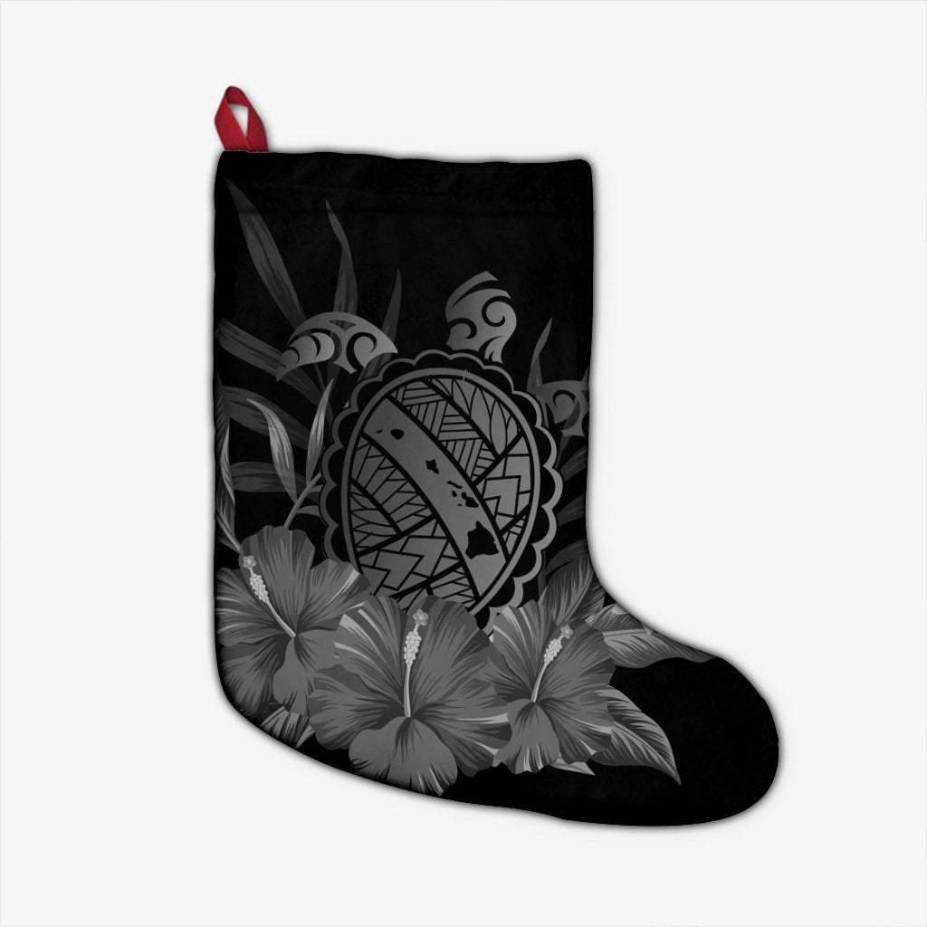 Hawaiian Map Turtle Hibiscus Polynesian Christmas Stocking - White - AH Christmas Stocking 26 X 42 cm Black - Polynesian Pride