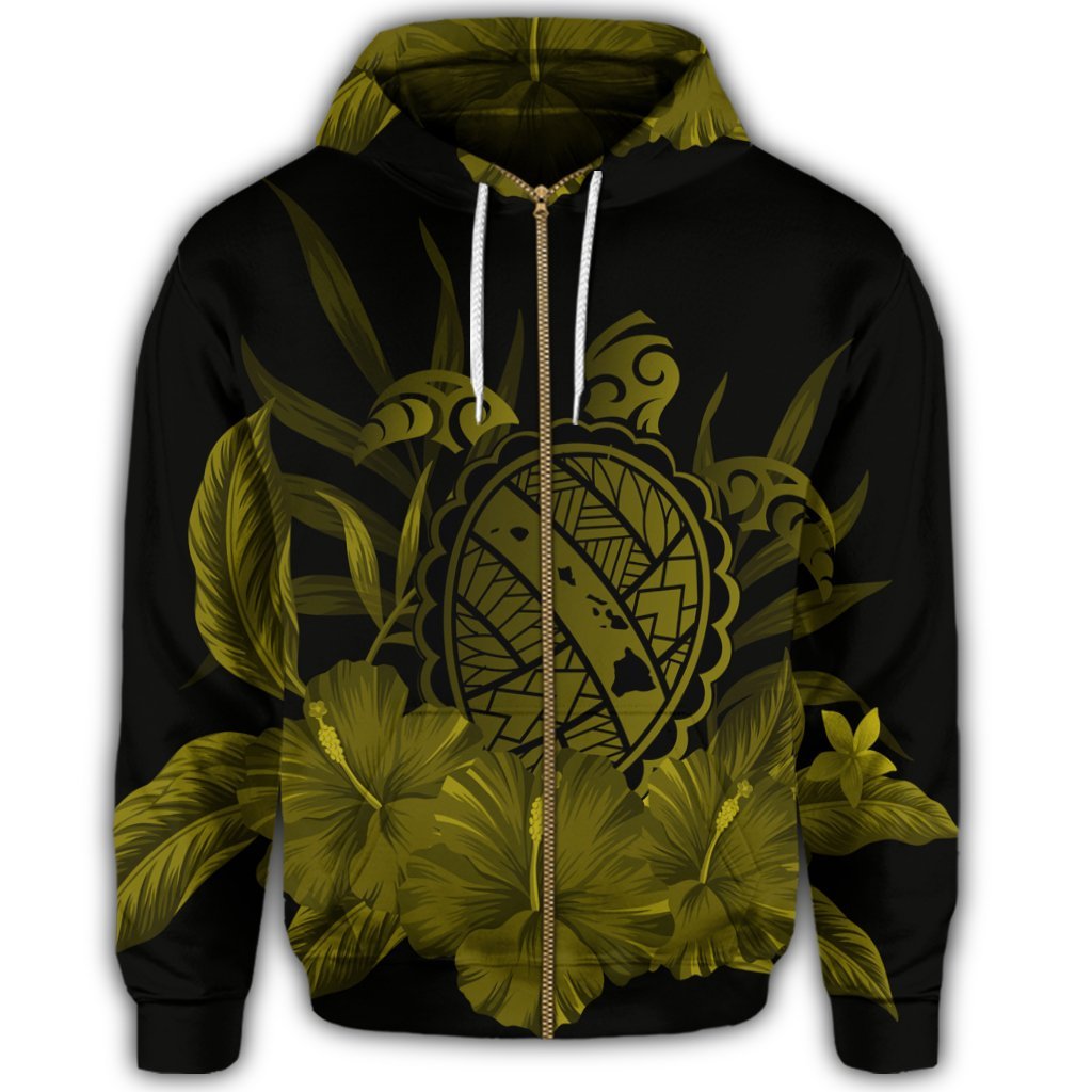 Hawaiian Map Turtle Hibiscus Polynesian Zip Hoodie Yellow - Polynesian Pride