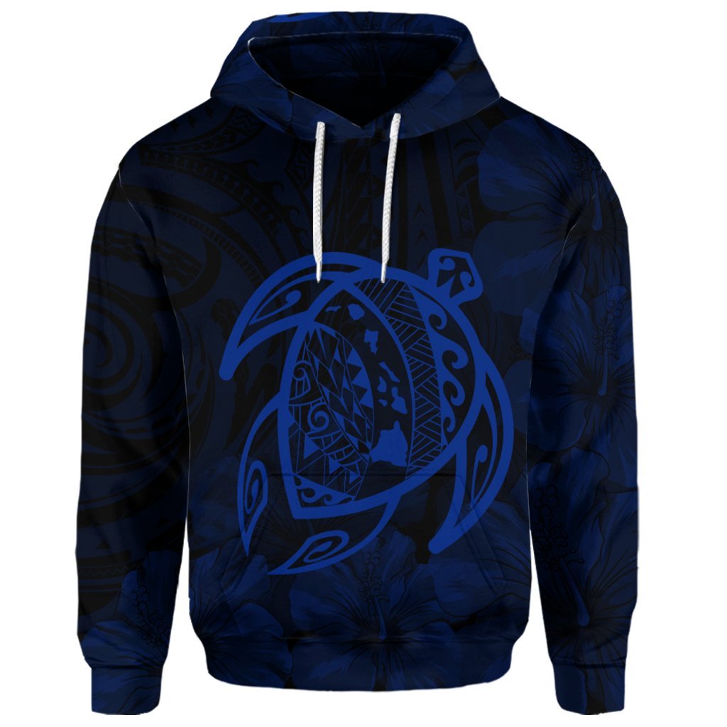 Custom Hawaiian Map Turtle Kanaka Hibiscus Polynesian Hoodie Blue - Polynesian Pride