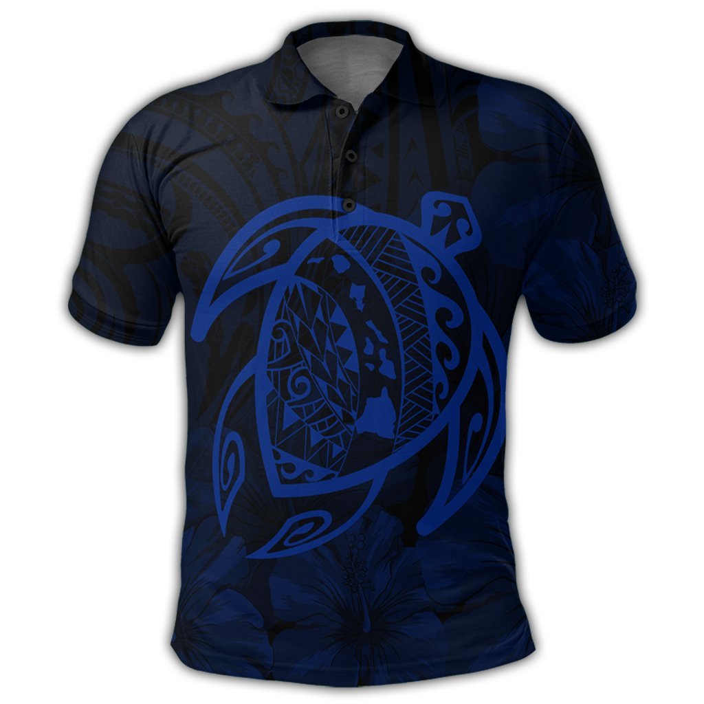 Hawaiian Map Turtle Kanaka Hibiscus Polynesian Polo Shirt Blue - Polynesian Pride