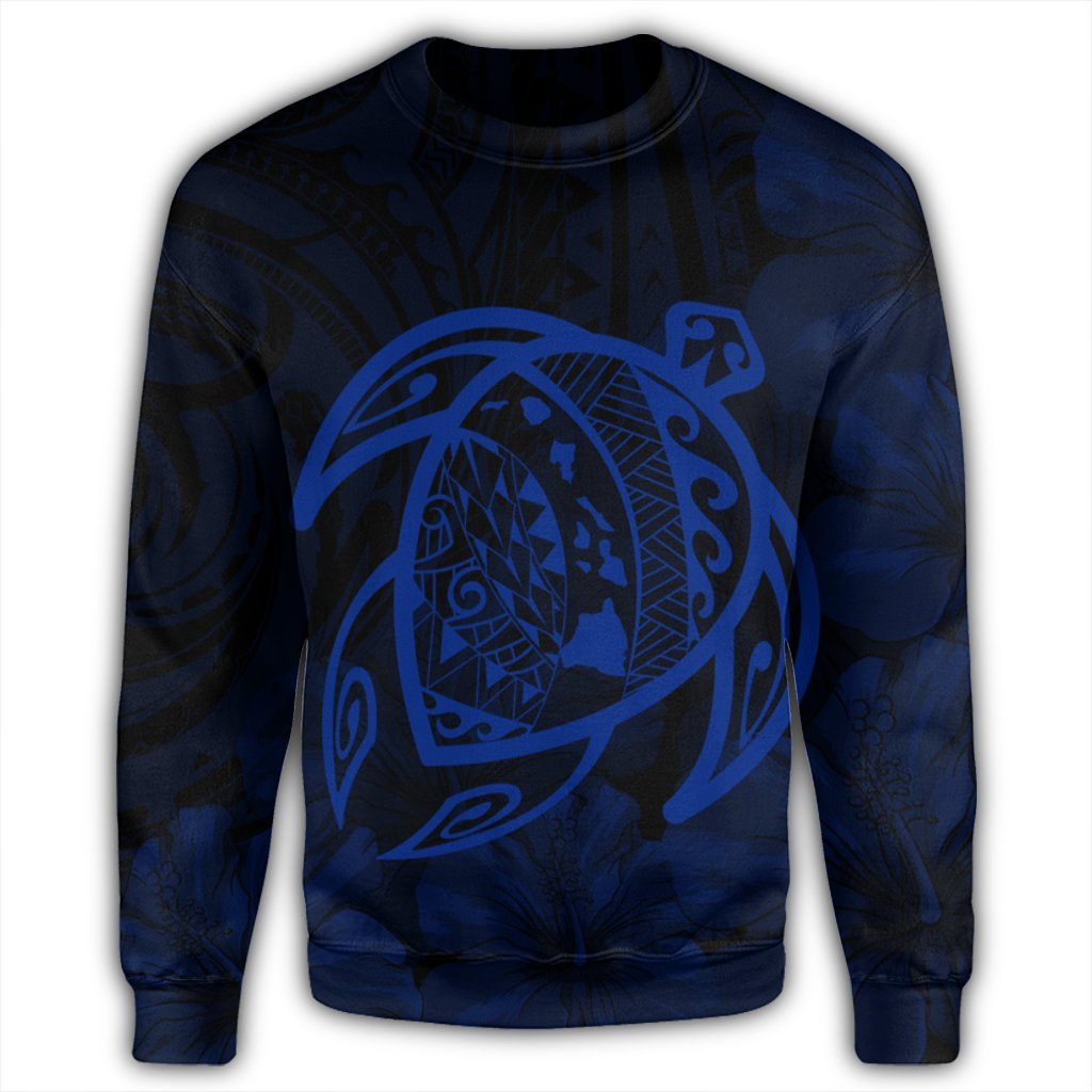 Hawaiian Map Turtle Kanaka Hibiscus Polynesian Sweatshirt - Blue - AH - Polynesian Pride