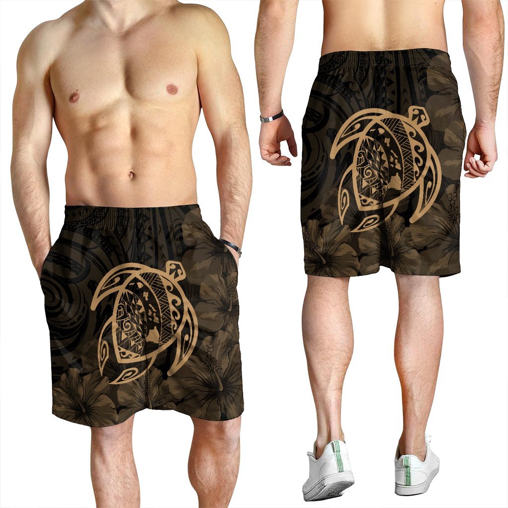 Hawaiian Map Turtle Kanaka Hibiscus Polynesian Men's Shorts - Gold - AH - Polynesian Pride