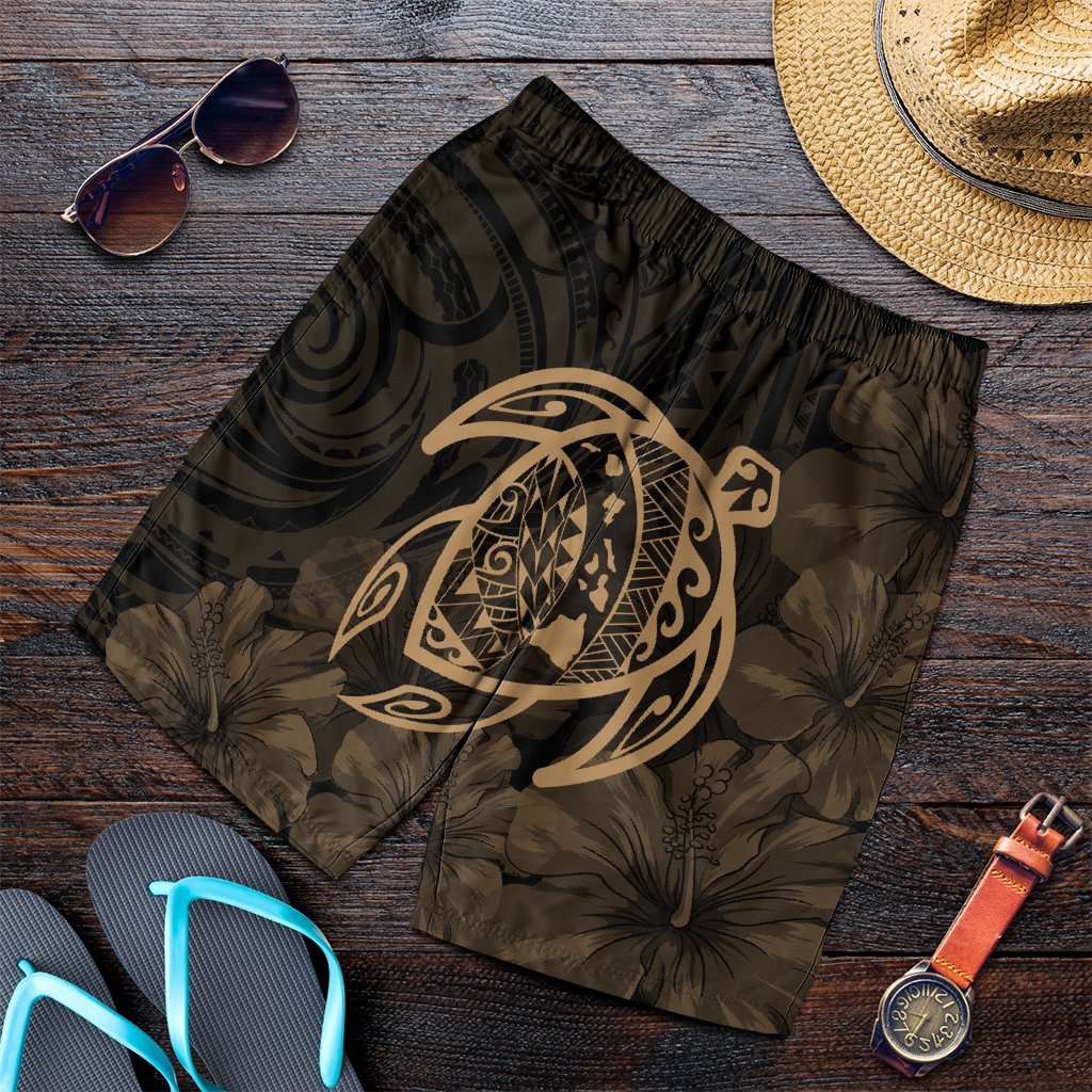 Hawaiian Map Turtle Kanaka Hibiscus Polynesian Men's Shorts - Gold - AH Art - Polynesian Pride