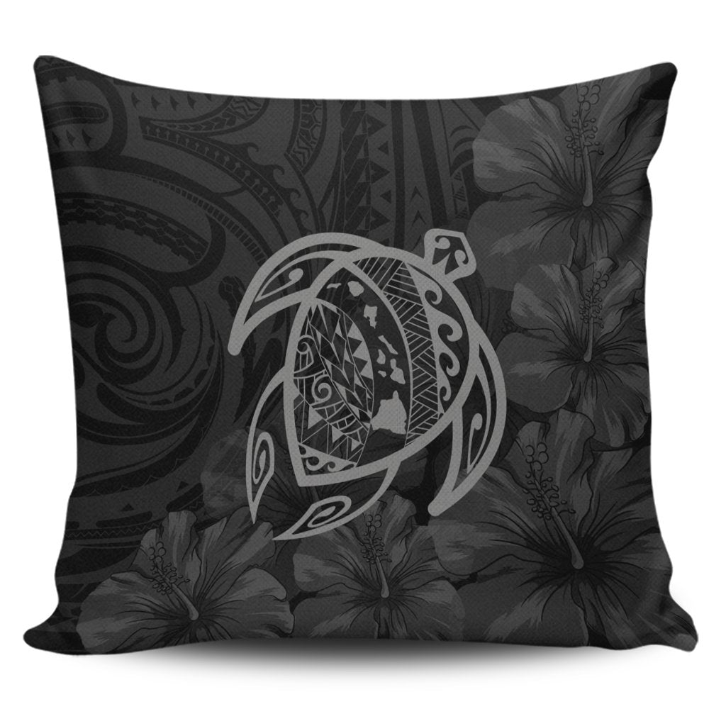 Hawaiian Map Turtle Kanaka Hibiscus Polynesian Pillow Covers - Gray - AH Pillow Covers Black - Polynesian Pride