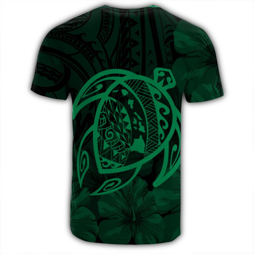 Hawaiian Map Turtle Kanaka Hibiscus Polynesian T Shirt Green - Polynesian Pride