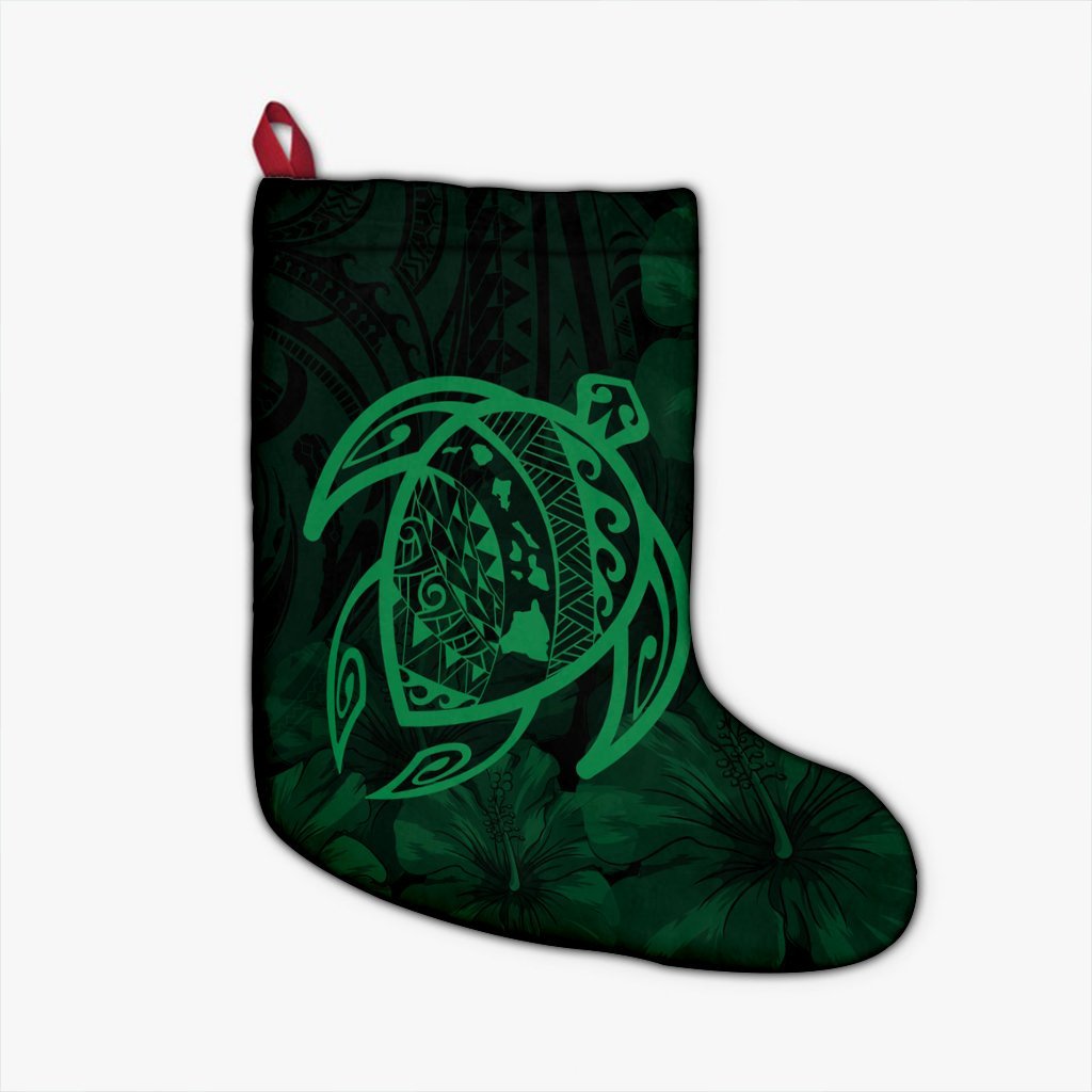 Hawaiian Map Turtle Kanaka Hibiscus Polynesian Christmas Stocking - Green - AH Christmas Stocking 26 X 42 cm Black - Polynesian Pride