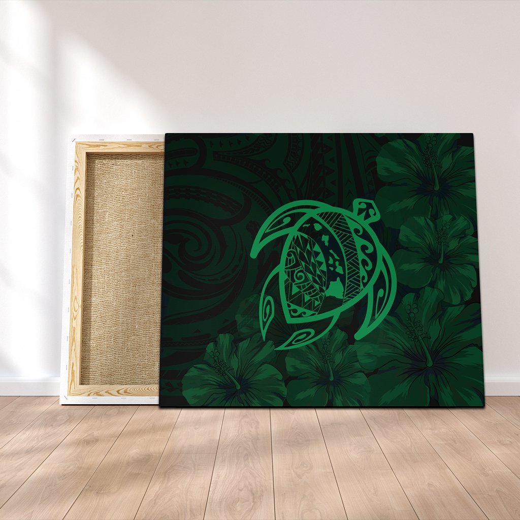 Hawaiian Map Turtle Kanaka Hibiscus Polynesian Canvas - Green - AH Canvas Poly-cotton - Polynesian Pride