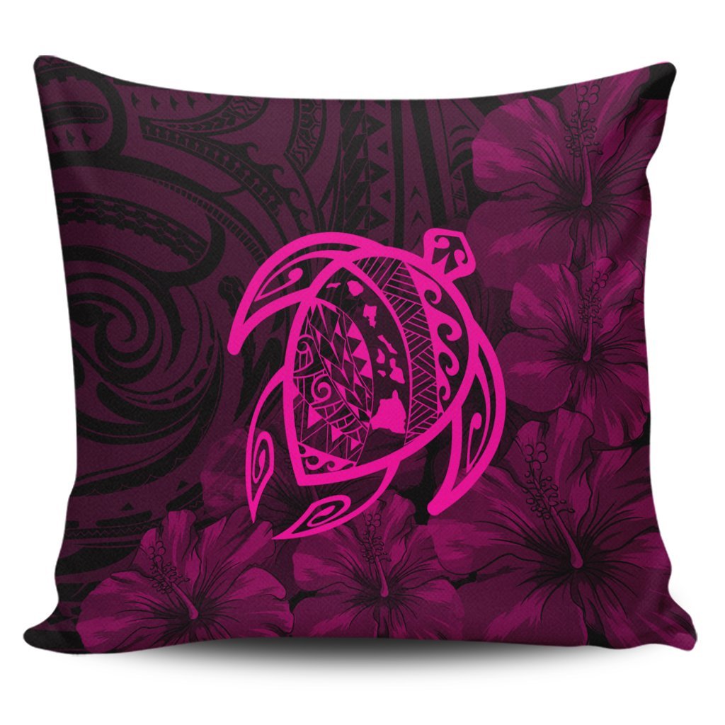 Hawaiian Map Turtle Kanaka Hibiscus Polynesian Pillow Covers - Pink - AH Pillow Covers Black - Polynesian Pride