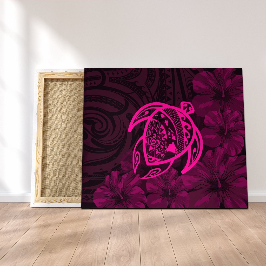 Hawaiian Map Turtle Kanaka Hibiscus Polynesian Canvas - Pink - AH Canvas Poly-cotton - Polynesian Pride