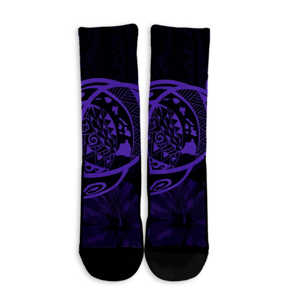 Hawaiian Map Turtle Kanaka Hibiscus Polynesian Crew Socks - Purple - AH - Polynesian Pride