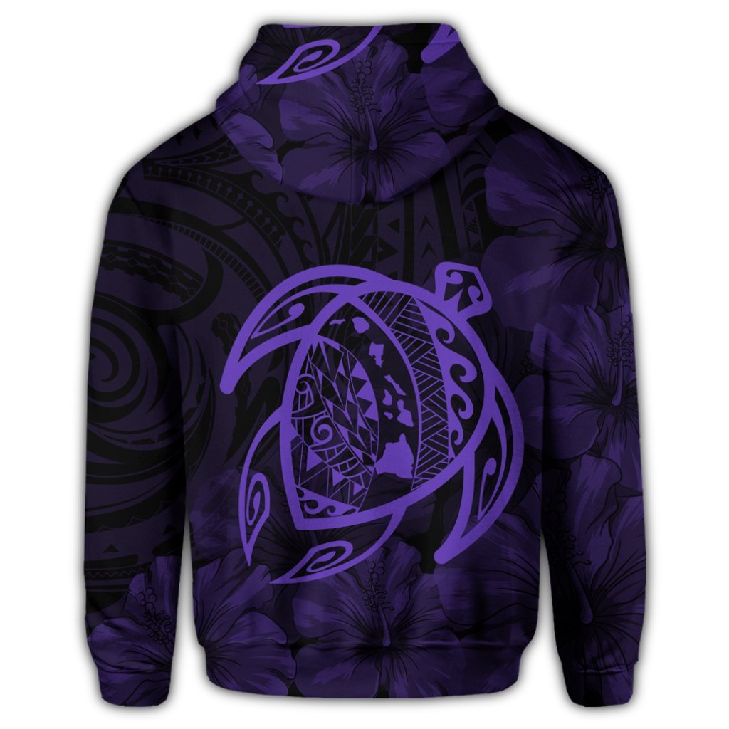 Hawaiian Map Turtle Kanaka Hibiscus Polynesian Zip Hoodie Purple - Polynesian Pride
