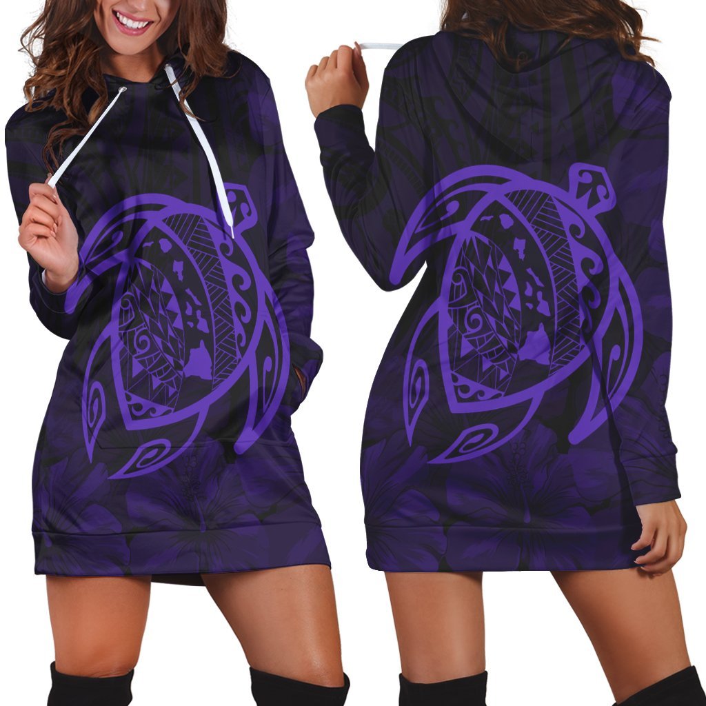 Hawaiian Map Turtle Kanaka Hibiscus Polynesian Hoodie Dress - Purple - AH Black - Polynesian Pride