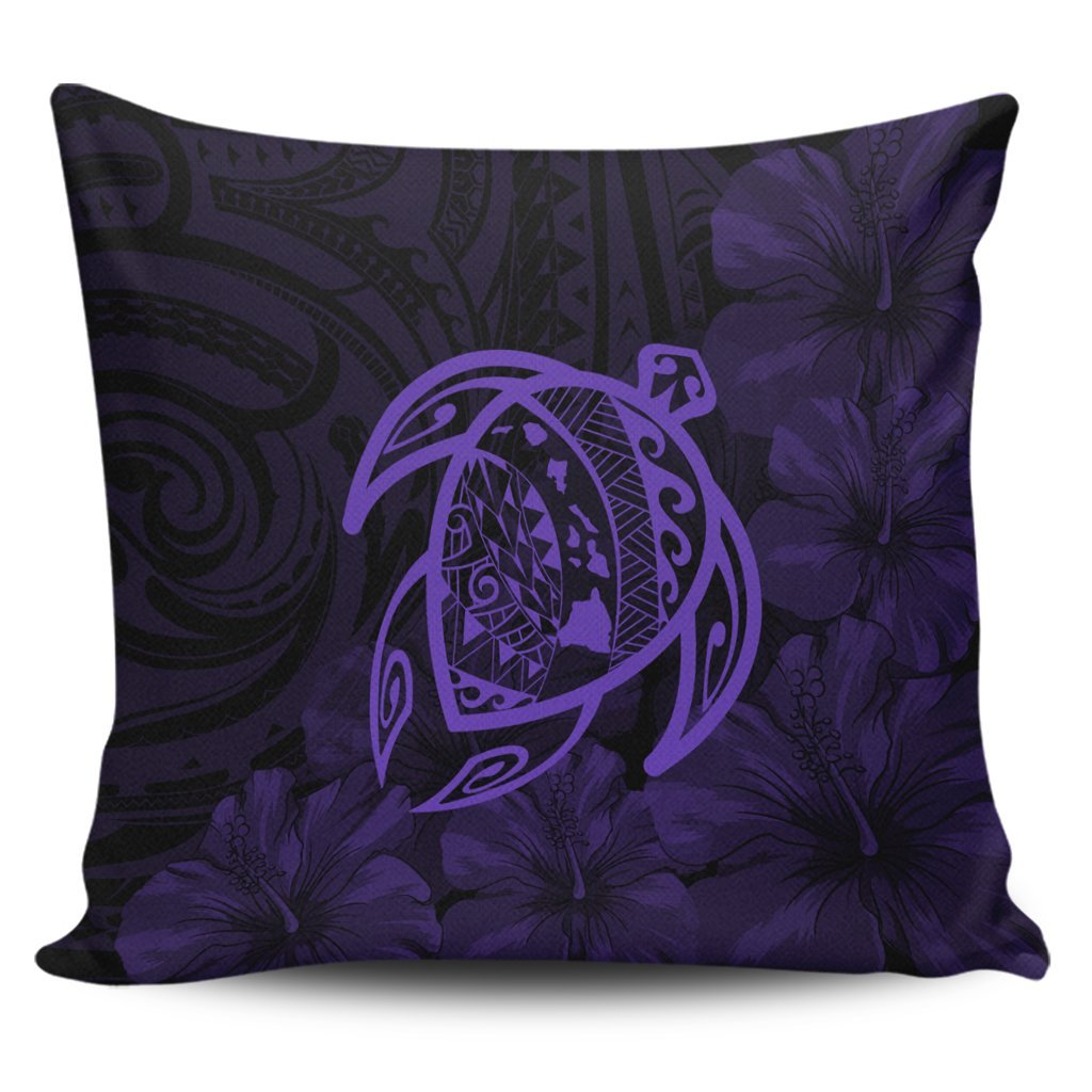 Hawaiian Map Turtle Kanaka Hibiscus Polynesian Pillow Covers - Purple - AH Pillow Covers Black - Polynesian Pride