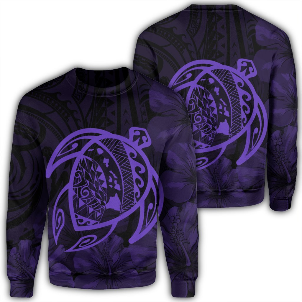 Hawaiian Map Turtle Kanaka Hibiscus Polynesian Sweatshirt - Purple - AH Unisex Black - Polynesian Pride