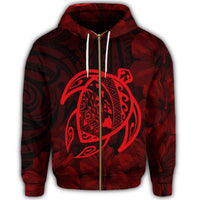Hawaiian Map Turtle Kanaka Hibiscus Polynesian Zip Hoodie Red - Polynesian Pride