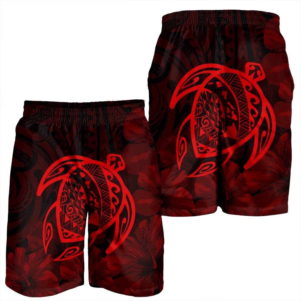 Hawaiian Map Turtle Kanaka Hibiscus Polynesian Men's Shorts - Red - AH - Polynesian Pride