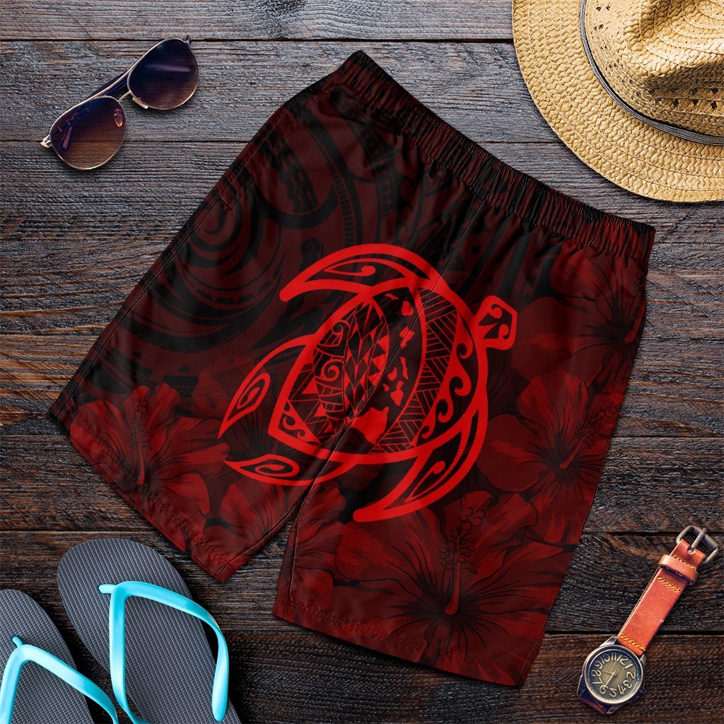 Hawaiian Map Turtle Kanaka Hibiscus Polynesian Men's Shorts - Red - AH Art - Polynesian Pride