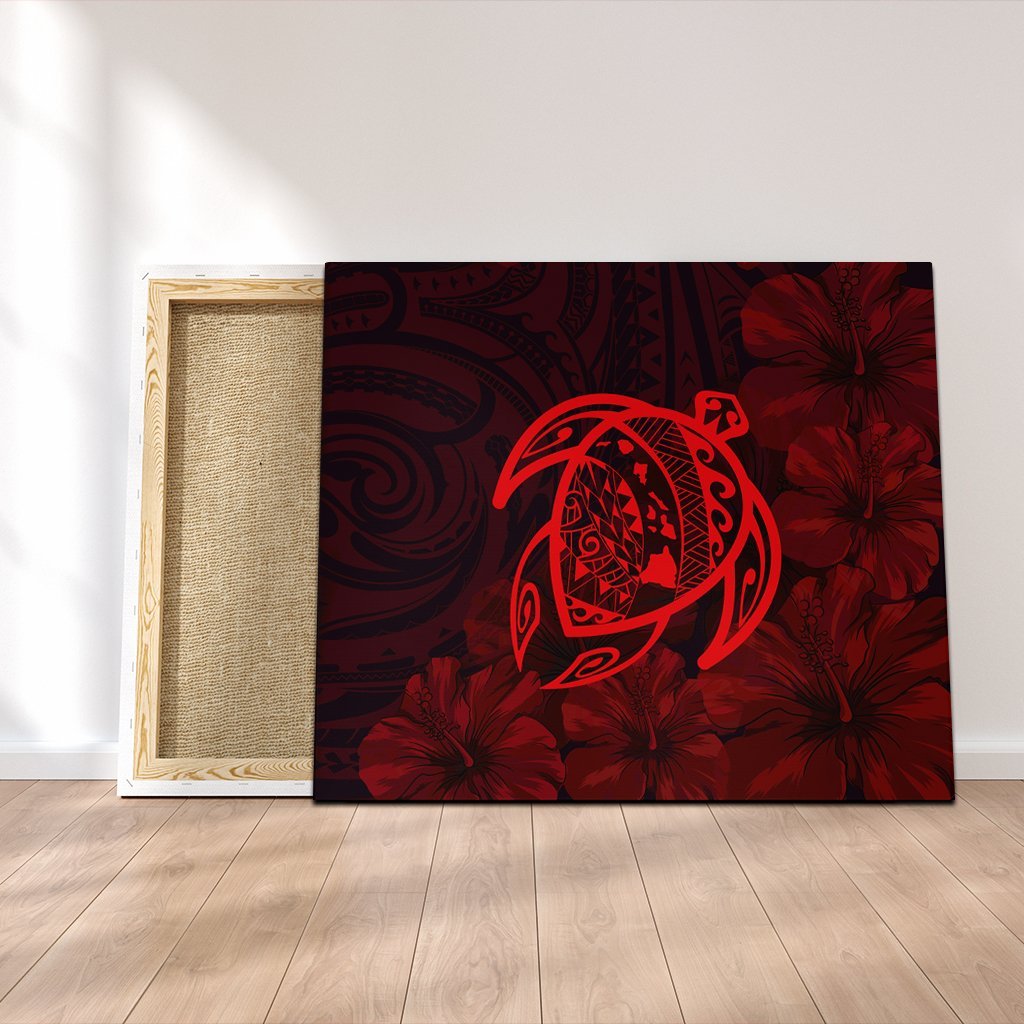 Hawaiian Map Turtle Kanaka Hibiscus Polynesian Canvas - Red - AH Canvas Poly-cotton - Polynesian Pride