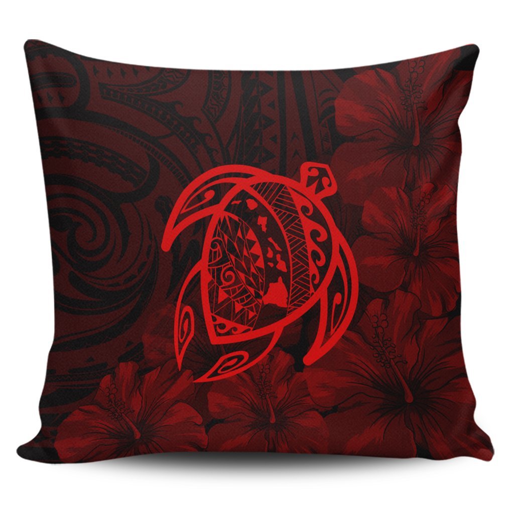 Hawaiian Map Turtle Kanaka Hibiscus Polynesian Pillow Covers - Red - AH Pillow Covers Black - Polynesian Pride